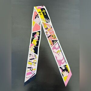 Hermes Pink and Black Graphic Silk Twilly